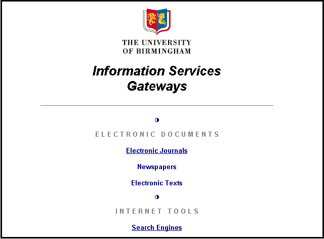 Screen shot of University of Birmingham's Information Services Gateway