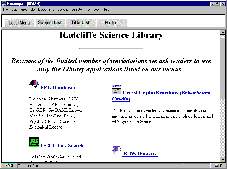 Radcliffe Science Library web interface