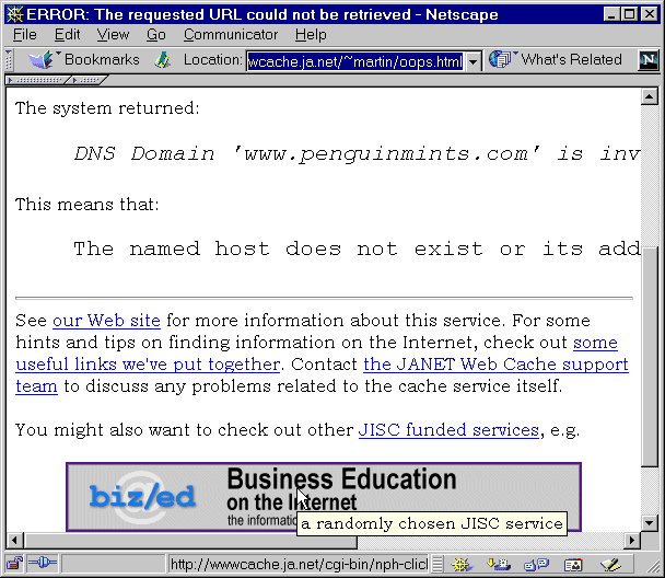 The National Cache's error message