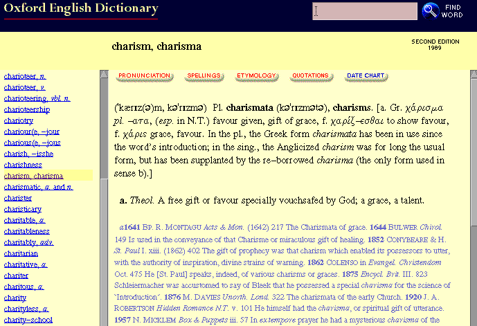 screenshot of 'charism' entry in OED