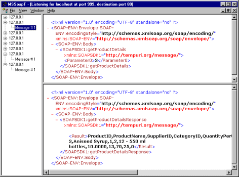 A screenshot of the SOAP Trace Utility, illustrating its use in intercepting the XML files transmitted between the SOAP client and server