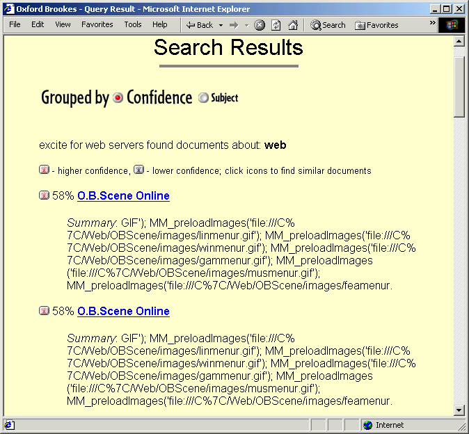 Figure 1: Output From the eXcite Search Engine