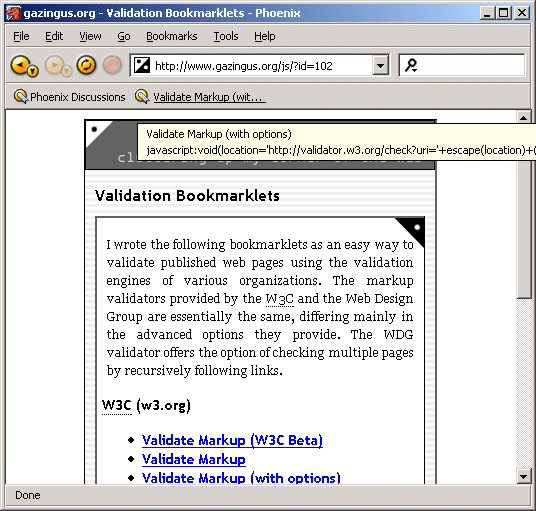 Figure 1: Use of an HTML validation bookmarklet