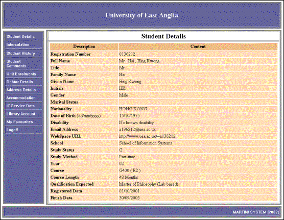 Figure 9 screenshot (59KB) : Screenshot of MARTINI - Student Details screen (after login)