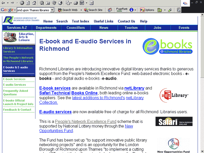 Figure 4 screenshot (49KB): ebooks and e-aurio services at London Borough of Richmond upon Thames Libraries