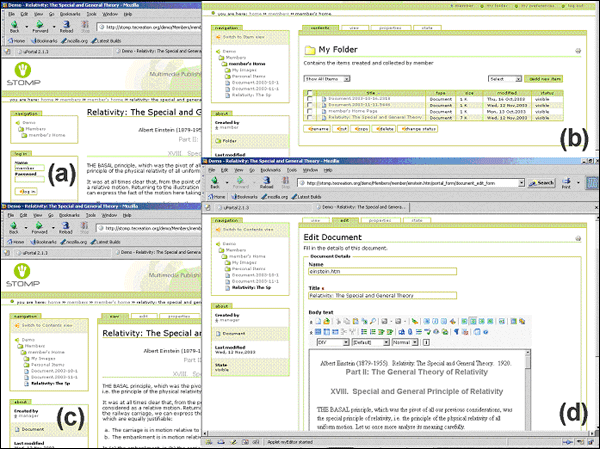Figure 3 screenshot (91KB) : edit-on Pro integrated within Plone. (a) The anonymous Item view in Mozilla of a Plone Document object. (b) The authenticated Contents view in Mozilla. (c) The authenticated Item view in Mozilla - note the view, edit, properties and state tabs are now visible. (d) Clicking on the edit tab reveals the Edit Document view but with the body text available within edit-on Pro rather than the standard textarea box. Integration by NetSpot Pty Ltd who kindly provided permission for these screenshots to be reproduced here.