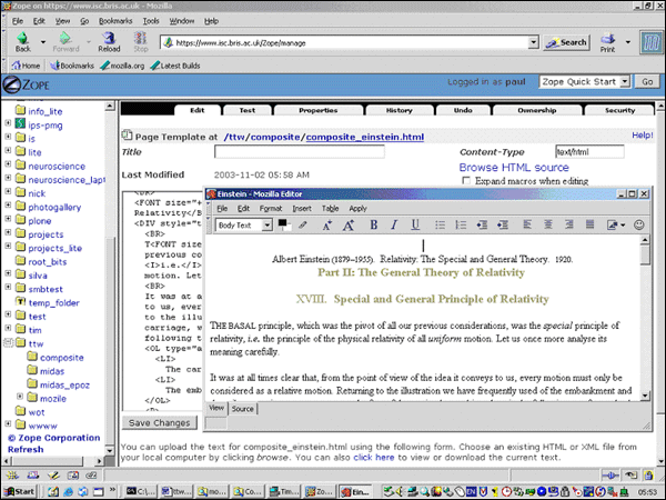 Figure 4 screenshot (75KB) : ComposIte. The standard Zope Management Interface is shown in the background. The Edit tab of a Page Template object has been opened and the source of the object is available to edit via a textarea box. Typing Ctrl+E causes ComposIte to pop up; changes are committed via the Apply menu.