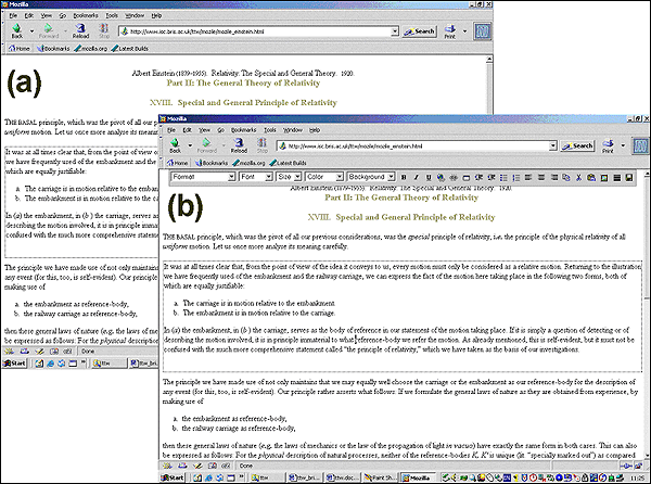 Figure 8 screenshot (74KB) : Mozile (a) The view in Mozilla with the editable area shown as a dotted box controlled by the stylesheet. (b) Clicking in the box causes the toolbar to appear. This software was tested successfully under Windows 2000 with Zope as a back-end server. No additional configuration was necessary other than to ensure that the supporting stylesheets were imported as File objects with Content Type set to text/css.