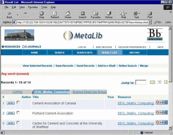 screenshot (76KB): Figure 2: Search of EEVL within Metalib at the University of East Anglia