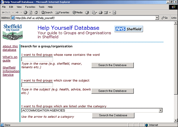 screenshot: (50KB): Figure 2: The Sheffield Help Yourself Database provides details of clubs, organisation and societies in the Sheffield area.