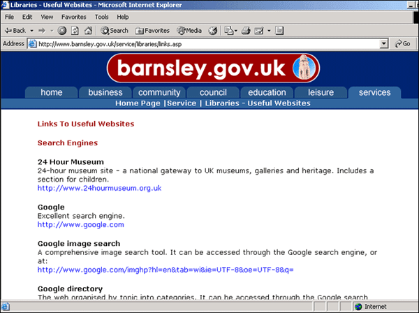 screenshot: (53KB): Figure 3: Barnsley Libraries' Links to Useful Web sites. IT for Me will build on the existing collections of quality-assured Web links.