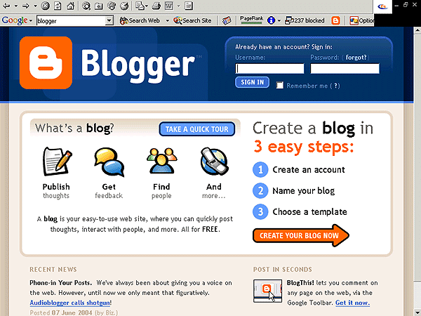 screenshot (65KB): Figure 2: Blogger.com: Google's free weblogging service