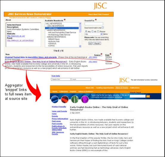 screenshot (46KB): Figure 3: JISCnews Aggregator Linking to full text news item