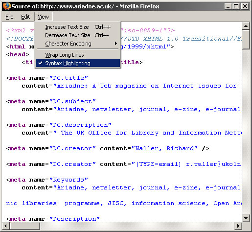 screenshot (94KB) : Figure 3: View source with syntax highlighting