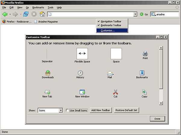 screenshot (45KB) : Firefox interface customisation dialogue
