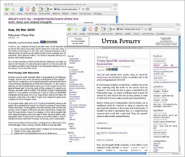 screenshot (64KB): Figure 5: OpenURL Autodiscovery via Simple Weblog Plug-ins