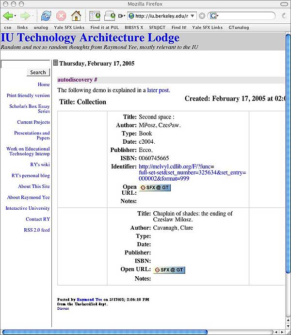 screenshot (56KB): Figure 6: OpenURL Autodiscovery from Scholar's Box Export to Weblog
