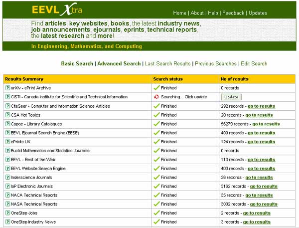 screenshot (50KB) : Figure 2: Screenshot of EEVL Xtra results summary page