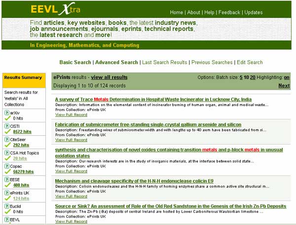 screenshot (53KB) : Figure 3: Screenshot of EEVL Xtra results page