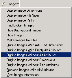 screenshot (4KB) : Figure 1: Images menu with Outline Images Without Alt Attribute highlighted