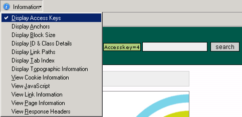 screenshot (6KB) : Figure 11: Information menu with Display Accesskeys highlighted, and an example of the resulting visual output