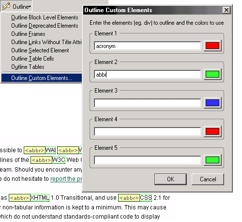 screenshot (13KB) : Figure 8: Outline menu with Outline Custom Elements highlighted, the resulting dialog box with ABBR and ACRONYM entered as custom elements, and an example of the resulting visual output