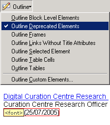 screenshot (4KB) : Figure 12: Outline menu with Outline deprecated elements highlighted, and an example of the resulting visual output (in this case, a FONT element is identified)