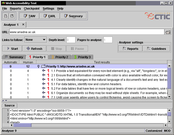 screenshot (66KB) : Figure 4: Analyser tab showing a list of priority 1 issues found on the current page