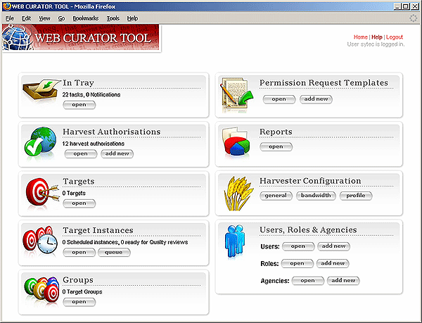 screenshot (69KB) : Figure 1 : Main menu screen, showing the main areas of functionality