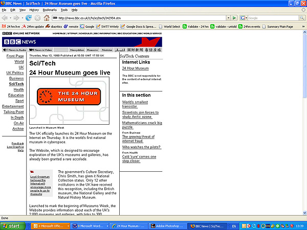 screenshot (97KB): Figure 2: How the BBC told the story of the 24 Hour Museum launch in 1999
