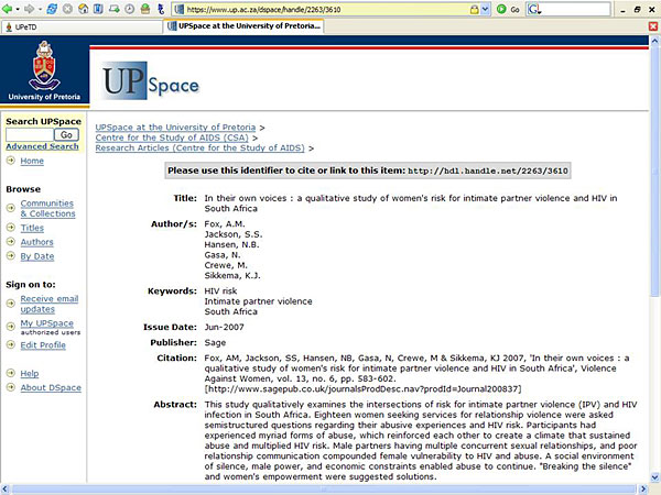 screenshot (73KB) : Figure 7 : UPSpace – example of a published article