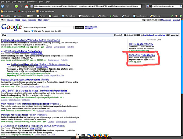 screenshot (100KB) Figure 1 : screenshot showing the RSP Pay Per Click advert alongside a Google search for 'Institutional Repositories'
