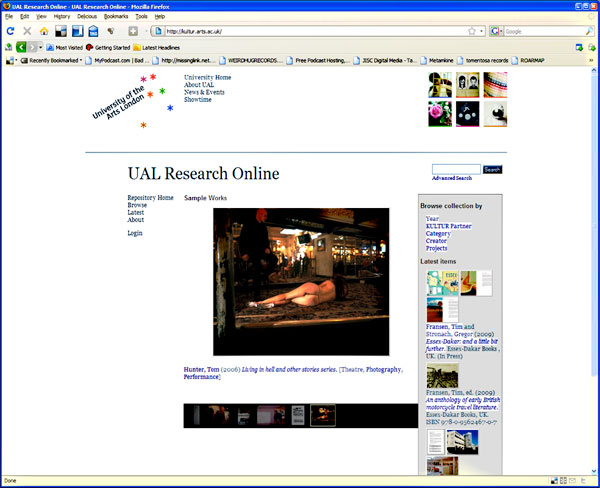 screenshot (65KB) : Figure 2 : UAL Research Online Home Page