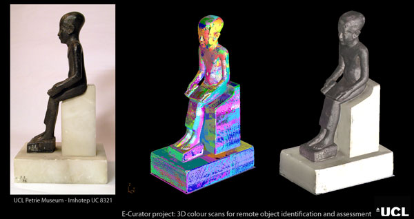 photograh (39KB) : Figure 10: From physical to virtual object: Imhotep bronze statuette (UC8321) of the UCL Petrie Museum of Egyptian Archaeology. Left: Photograph of the object, middle: single scans aligned in false colour mode, right: aligned 3D colour scan.