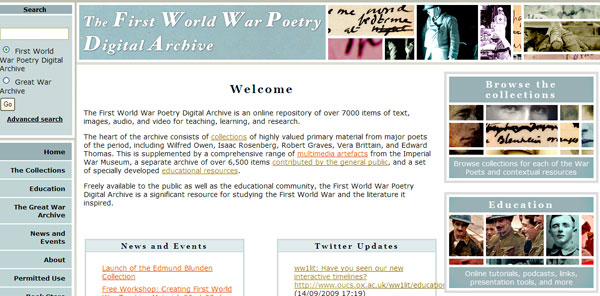 screenshot (64KB) : Figure 2 :S creenshot of the First World War Poetry Digital Archive home page