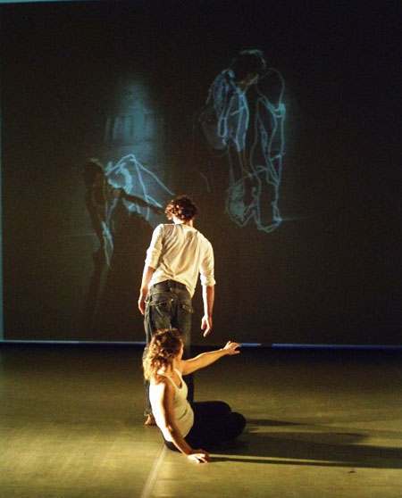 screenshot (41KB) : Screenshot from the eDance Project showing the use of an advanced digital technology (the Access Grid) to facilitate remote collaboration in dance.