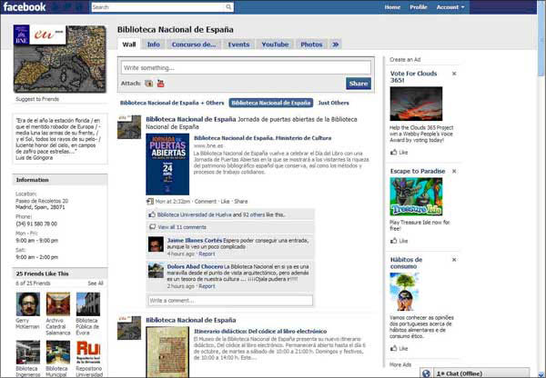 screenshot (62KB) : Figure 2 : Facebook page of Biblioteca Nacional de Espa—a