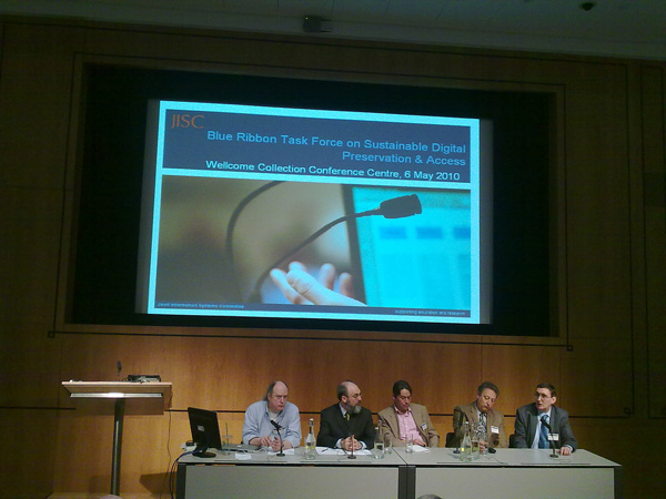 photo (88KB) : Panel session at the Blue Ribbon Task Force on sustainable digital preservation and access, Wellcome Collection Conference Centre, London, 6 May 2010