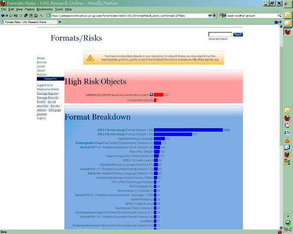 screenshot (53KB) : Figure 4 : Format/Risks screen for UAL Research Online Repository: a, top level; b, long tail. These screenshots of the profile were generated by the repository staff from the live repository using the installed tools. (Date 13 September 2010.)