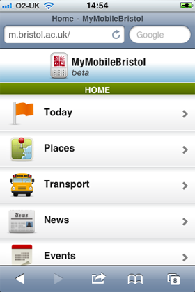 Figure 3: The home page of m.bristol.ac.uk