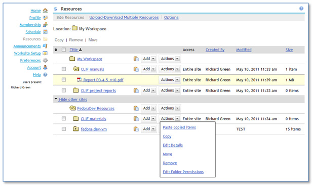 Figure 2: A Sakai resources screen showing the ‘paste’ stage of a copy into a repository