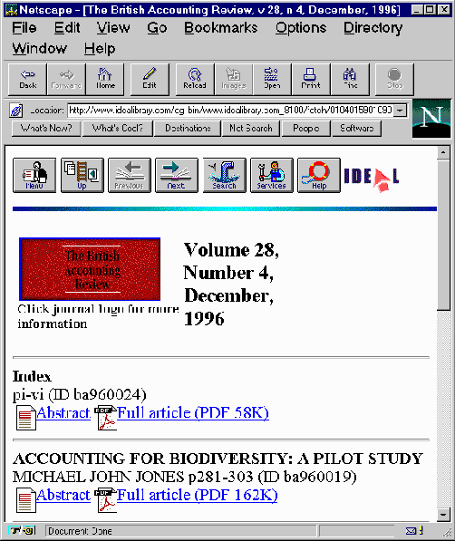 HTML-based table of contents from the IDEAL system, viewed using Netscape