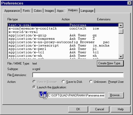 Netscape Dialogue box for listing and editing helper applications