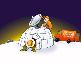 {cartoon igloo being fitted with dish}