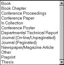 Figure 8 screenshot (21KB): Drop-down list of content types for EPrints