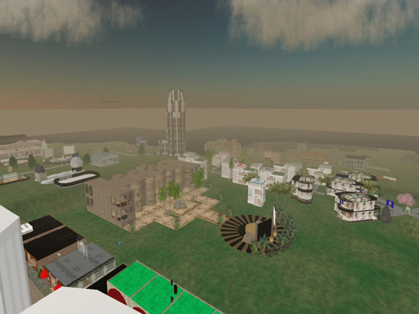 screenshot (69KB) : a view across part of the library territory inside Second Life from the top of the Talis tower