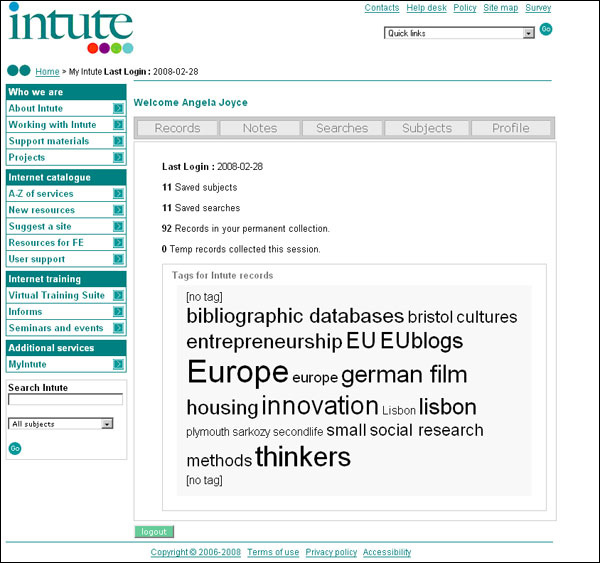 screenshot (69KB) : Figure 1 : Example of MyIntute screen with a tag cloud