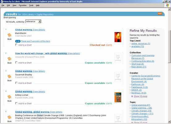 screenshot (37KB) : Figure 2 : The PRIMO user interface: brief results with faceted navigation options to refine results