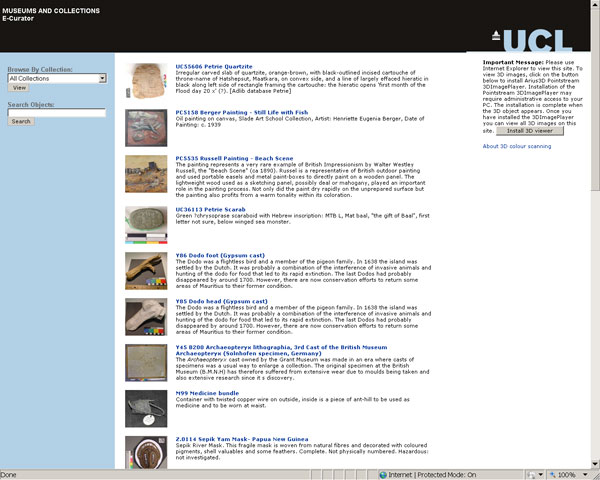screenshot (61KB) : Figfure 8 : Entry site of the E-Curator prototype with objects from UCL Museums and Collections.