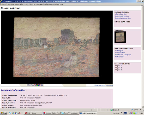 screenshot (67KB) : Figure 9 : Russell painting from UCL Art Collections ready to browse in the E-Curator prototype, object metadata underneath the 3D object